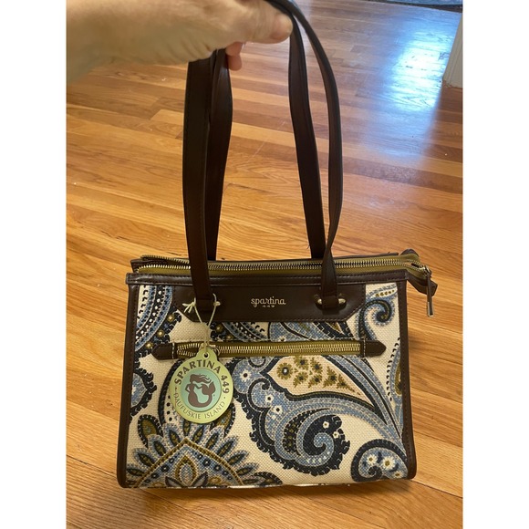 Spartina 449 NWT Daufuskie Island Paisley Print Linen and Leather Satchel Bag - Picture 1 of 11
